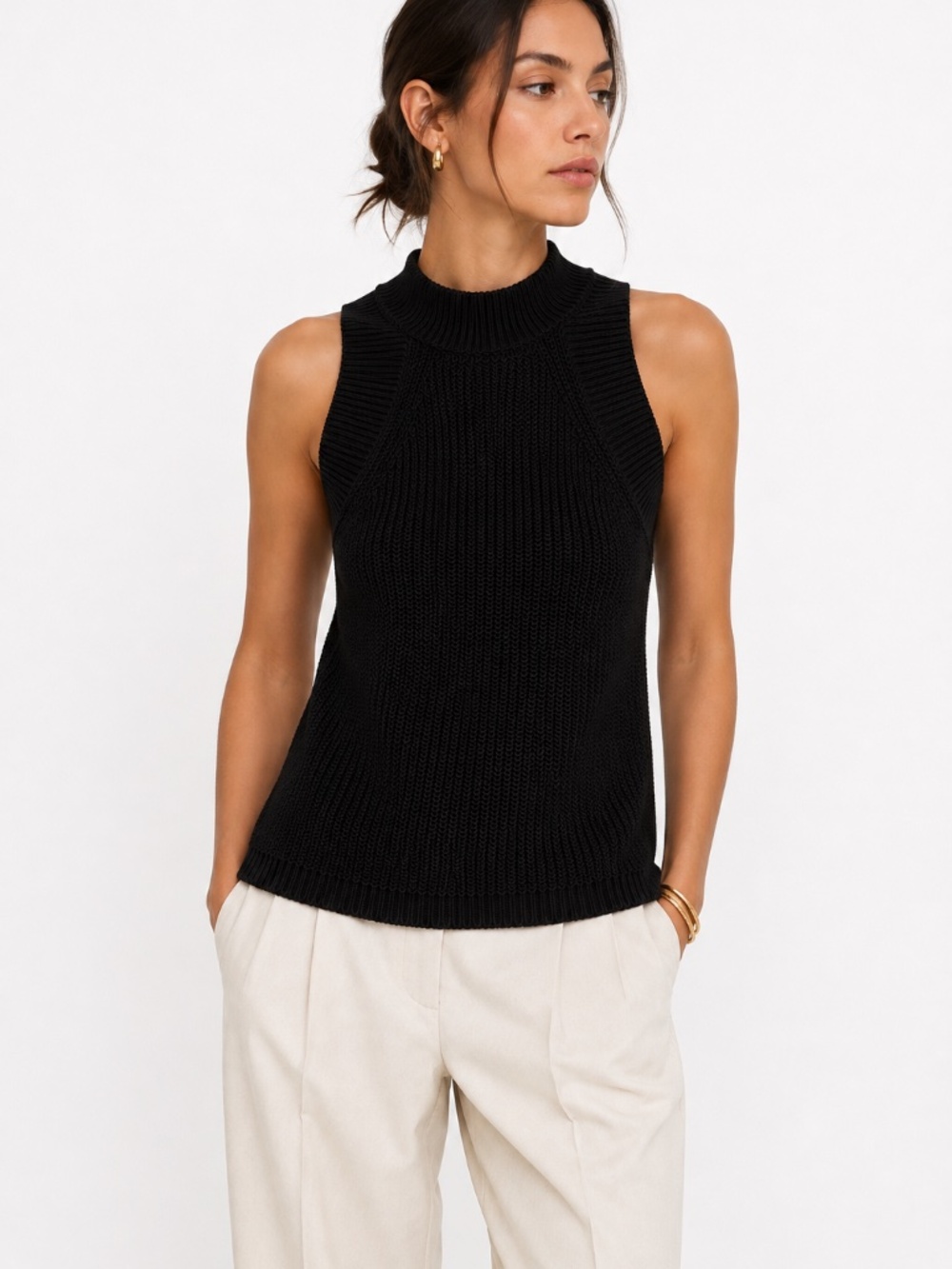 Massimo Dutti Black Chunky Knit Sleeveless High Neck Tunic Top Size Small 4 6 8